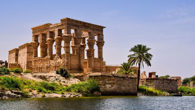 Ancient temple ruins near the Nile River with a palm tree and clear sky.