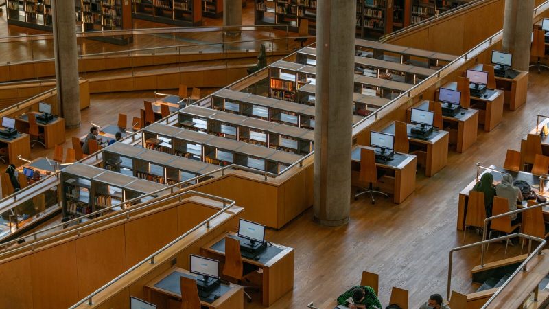 Spacious interior view of Bibliotheca Alexandrina showcasing wooden study areas and computers.