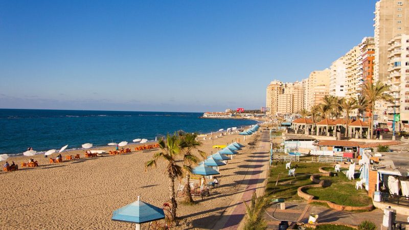 Scenic view of the Alexandria coastline with beach huts and Mediterranean Sea.