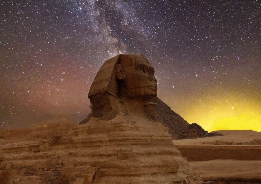 Stunning capture of the Great Sphinx of Giza beneath a star-lit sky with the Milky Way.