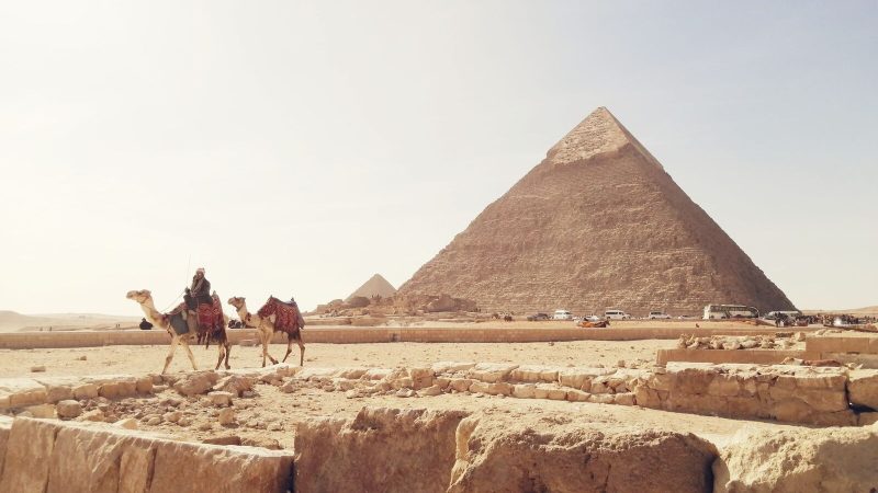 Explore the iconic Giza Pyramids with camels in the foreground, capturing Egypt's rich history.