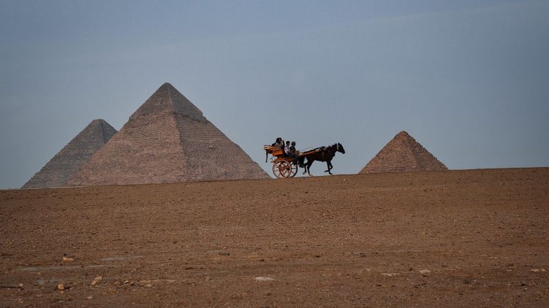 A horse carriage in front of the iconic Pyramids of Giza on a clear day.
