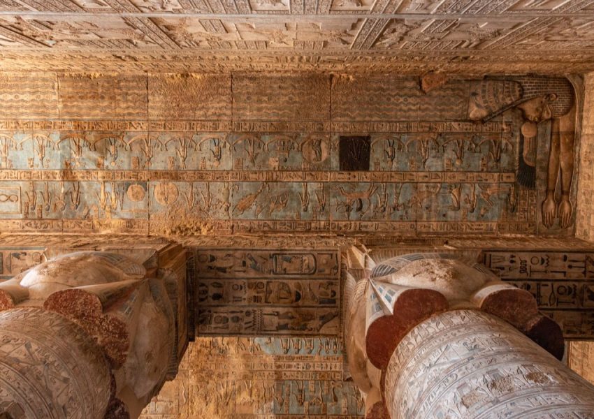 Explore the detailed hieroglyphs and grand columns of Dendera Temple, showcasing ancient Egyptian artistry.