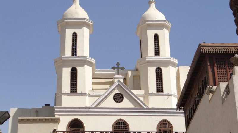 The Hanging Church, an iconic Coptic Christian landmark in Cairo, Egypt, known for its twin bell towers.