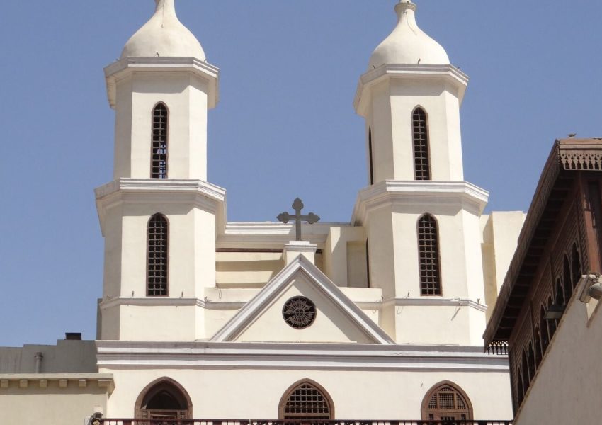 The Hanging Church, an iconic Coptic Christian landmark in Cairo, Egypt, known for its twin bell towers.