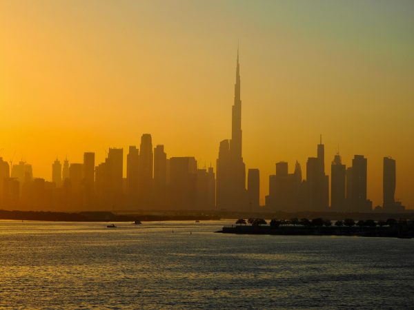 Dubai skyline at sunset with Burj Khalifa