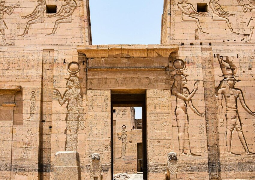 Close-up of detailed hieroglyphic carvings on an ancient Egyptian temple wall.