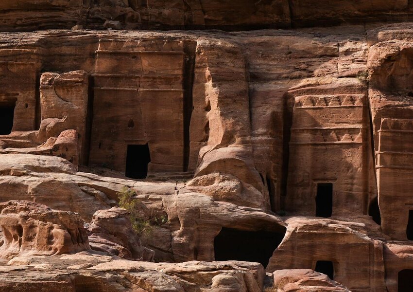 Stunning ancient rock-carved structures in Petra, Wadi Musa, Jordan.